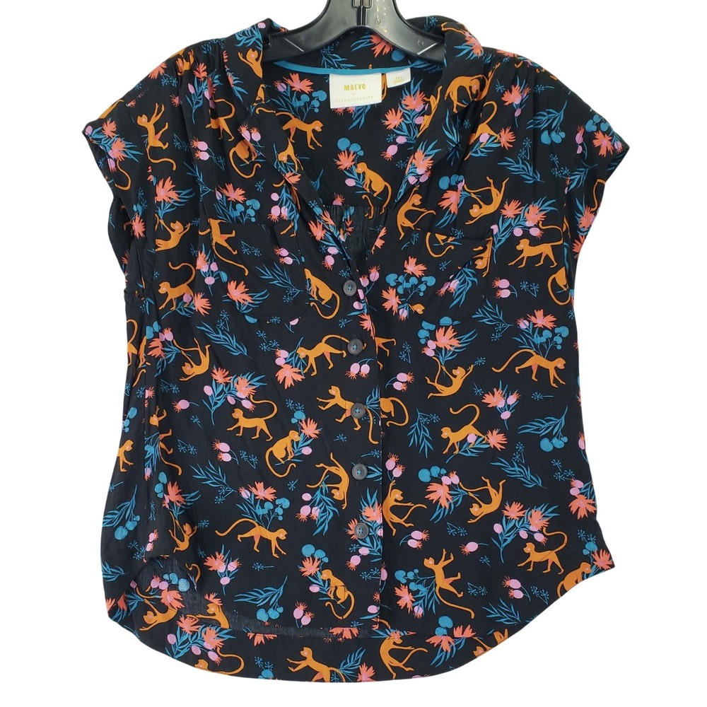 Maeve Anthropologie Monkey Floral Button Up Top Womens XSP Black Boho Whimsigoth